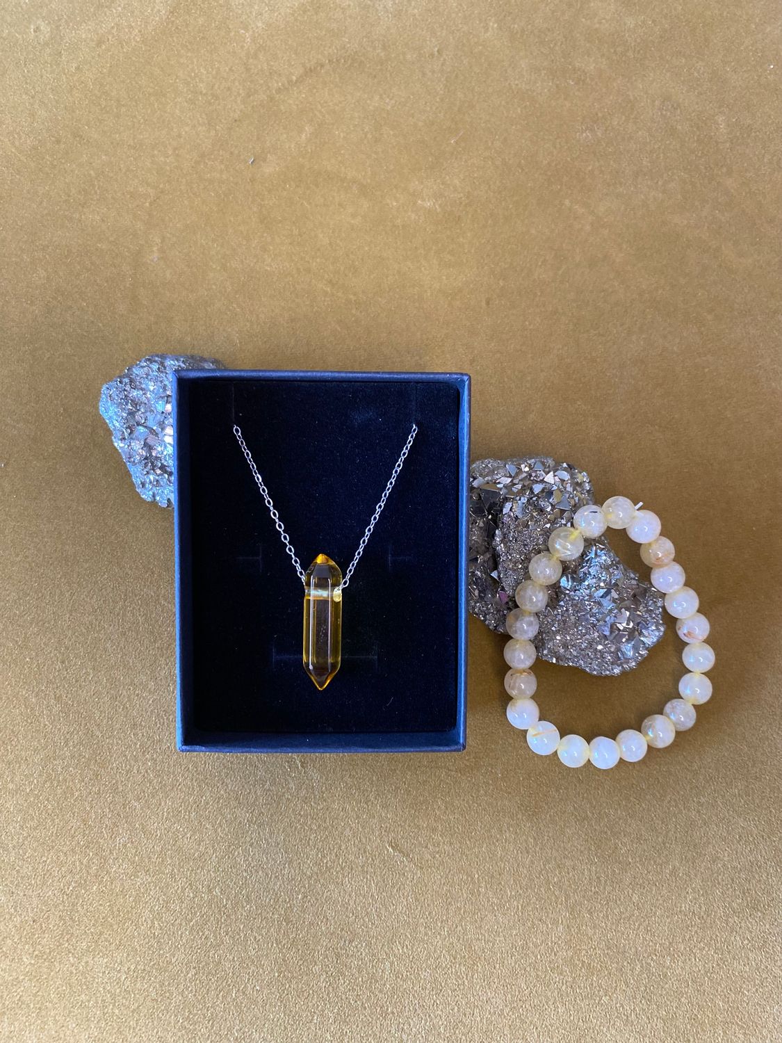Amber Necklace and Citrine Bracelet Set (Stainless steel)