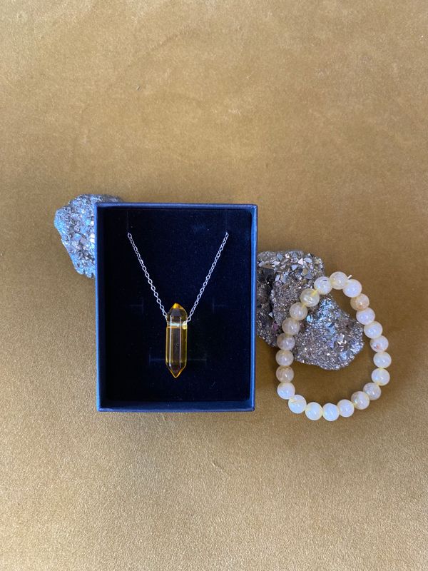 Amber Necklace and Citrine Bracelet Set (Stainless steel)