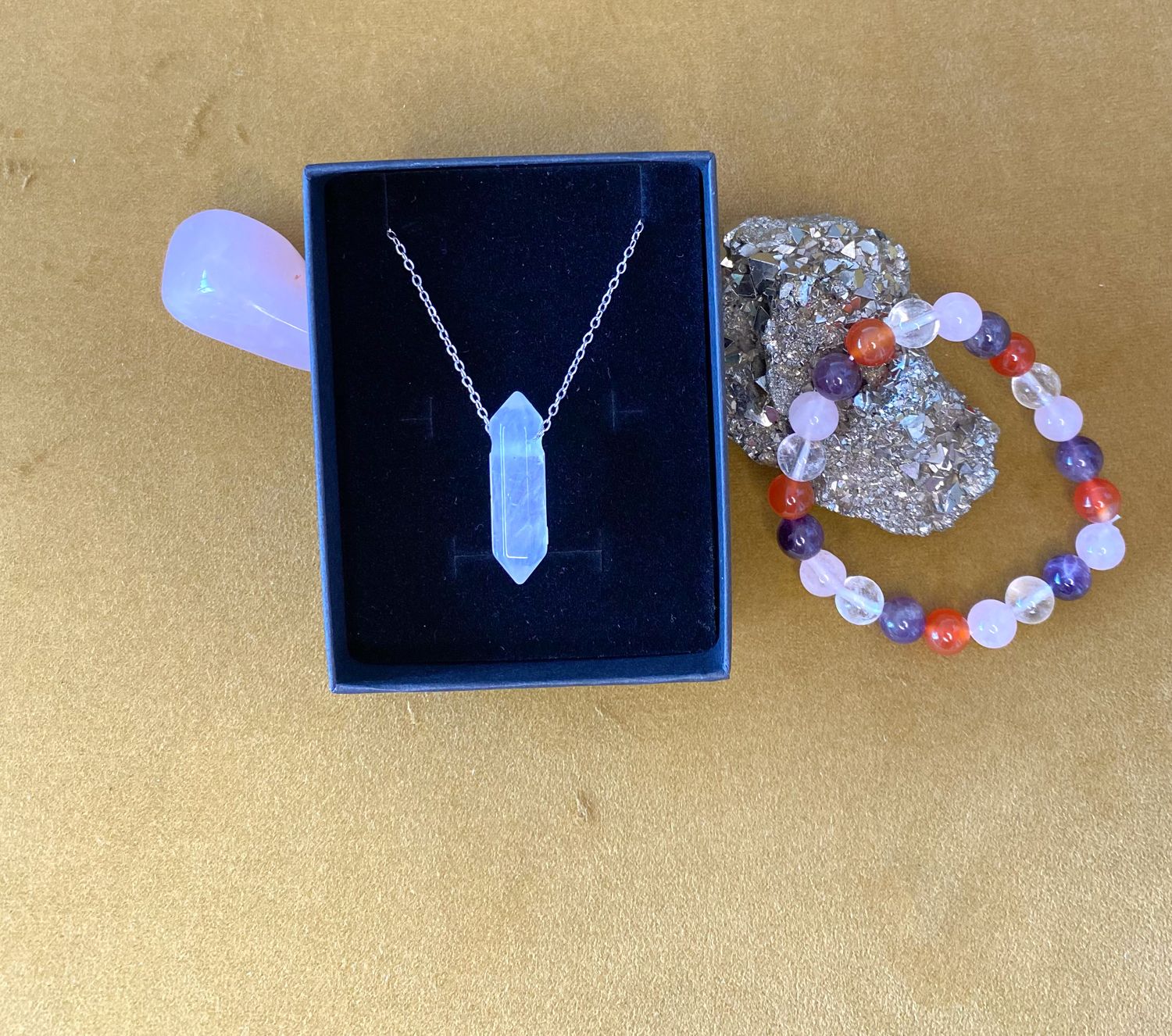 Rose Quartz Necklace  &amp; Radiant Energy Bracelet Set