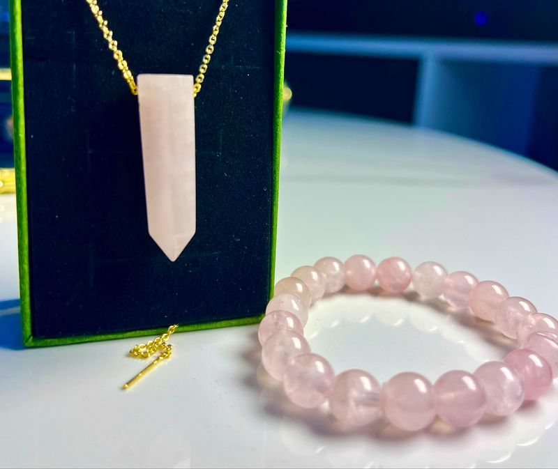 Rose Quartz Necklace, Bracelet [Stainless Steel 9ct Gold Plated]