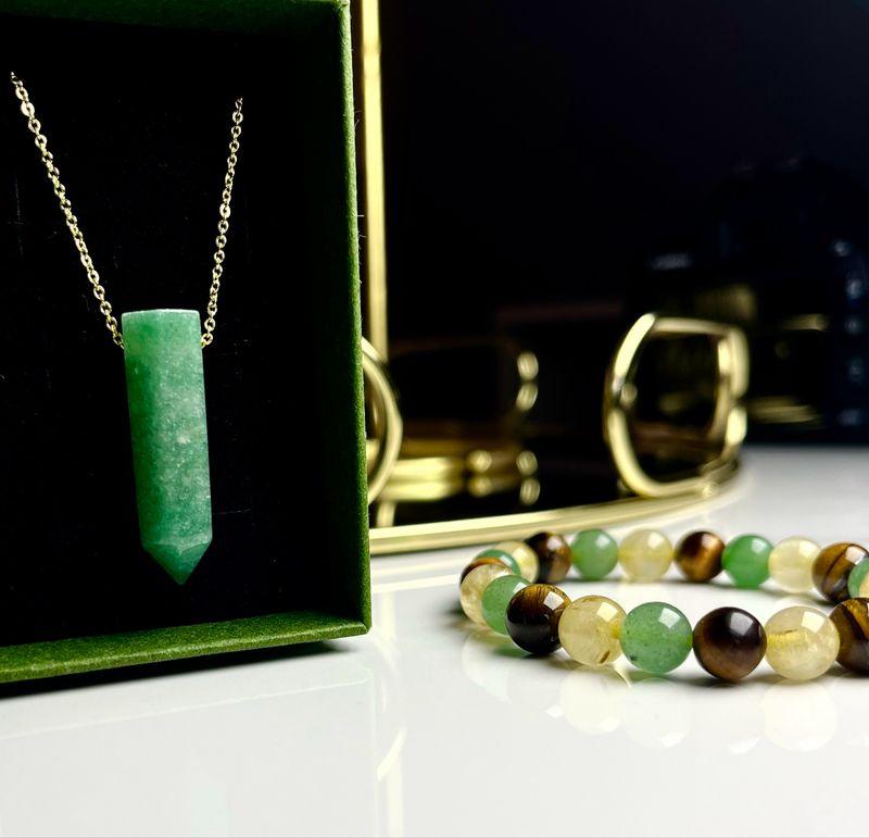 Green aventurine Necklace [925 Silver Stirling 9ct Gold Plated]  &amp; Makwande Bracelet Set