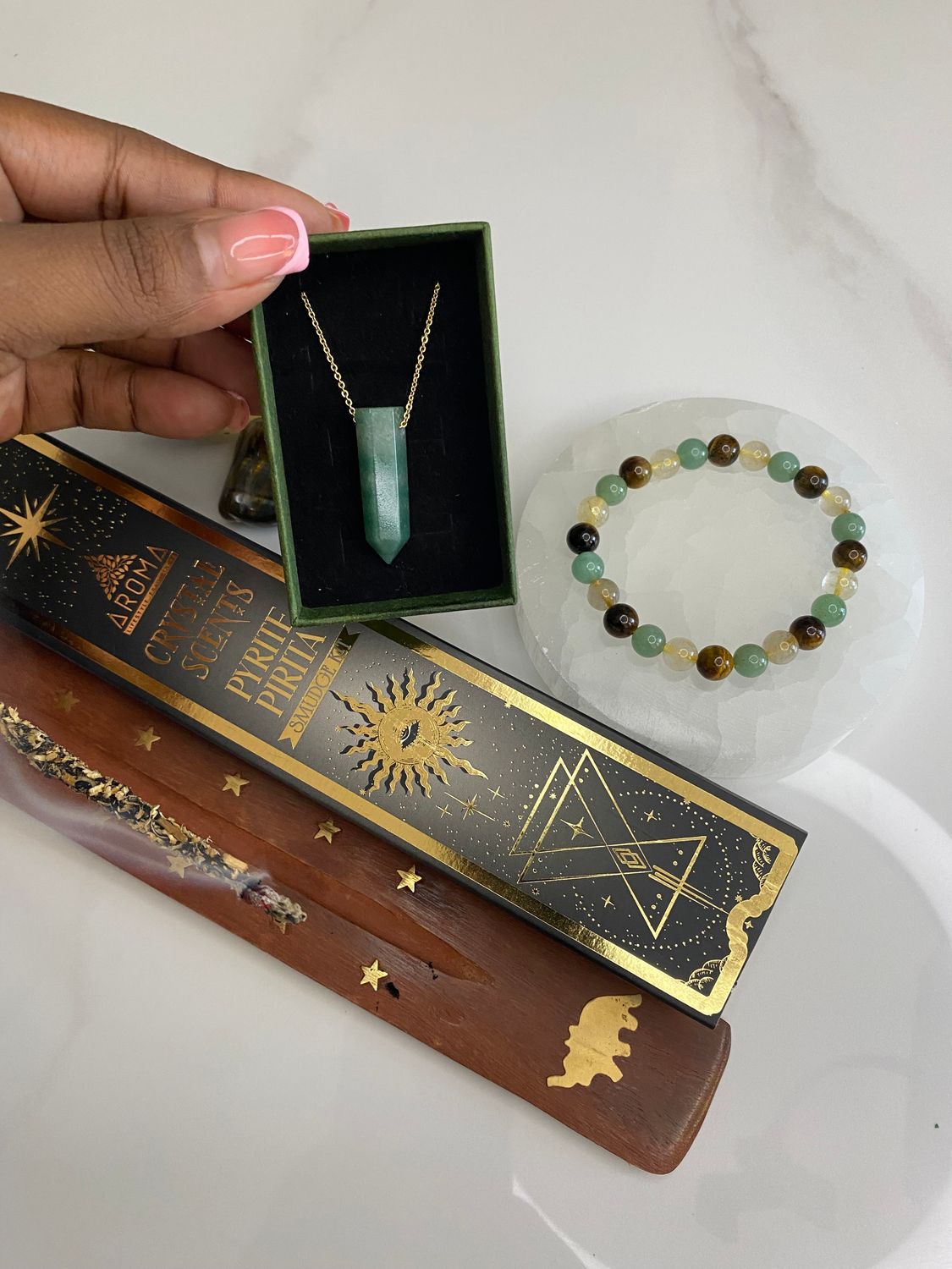 Green aventurine Necklace [Stainless Steel 9ct Gold Plated] 50cm + Makwande Bracelet + Pyrite Incense Set