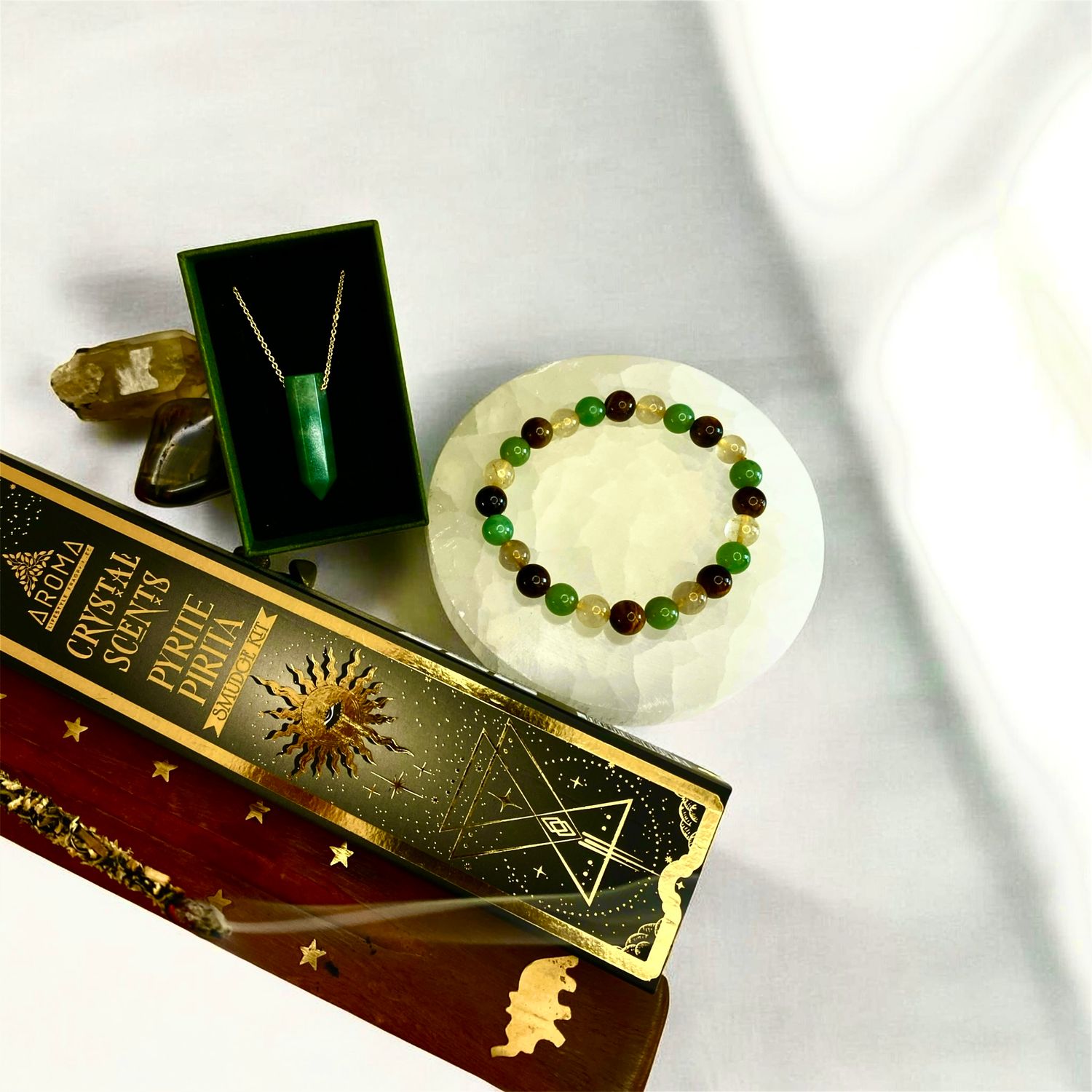 Green aventurine Necklace [Stainless Steel 9ct Gold Plated] 50cm + Makwande Bracelet + Pyrite Incense Set