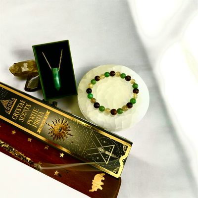 Green aventurine Necklace [Stainless Steel 9ct Gold Plated] 50cm + Makwande Bracelet + Pyrite Incense Set