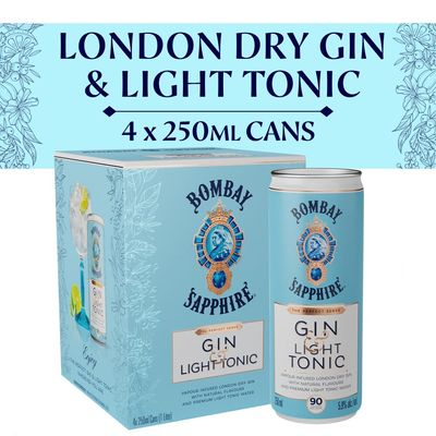 Bombay Sapphire RTD Cocktail Gin Light Tonic 11.80Proof 4x250ml Cans