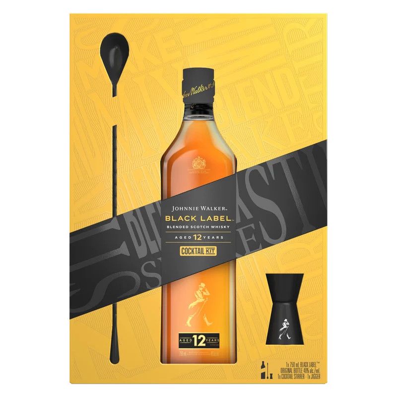Johnnie Walker Blended Scotch Black Label 12Year 80Proof W/Jigger &amp; Stirrer 750ml