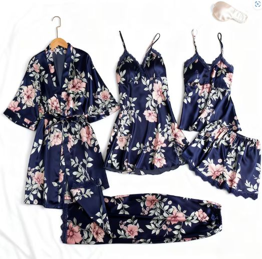 5‑Piece Satin Sleepwear Set – Floral Lace | USA &amp; EU Sizes | Customizable