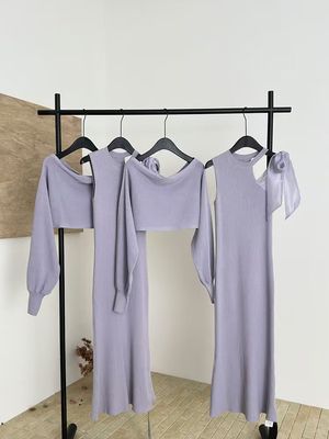 2-Piece Ribbed Knit Dress Set – Off-Shoulder Top &amp; Bodycon Skirt