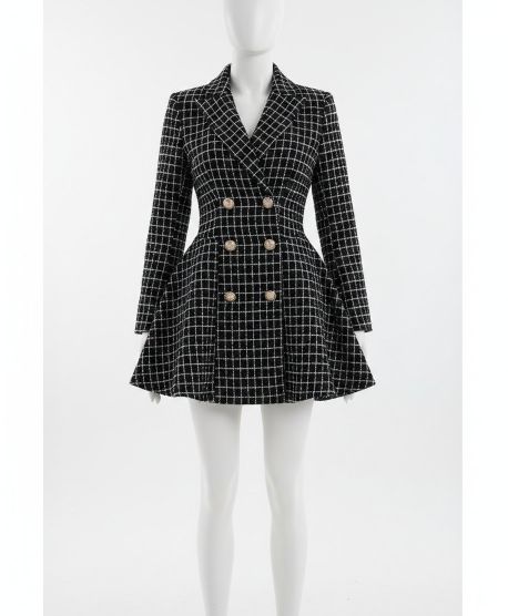 European American Style: Black White Plaid Cinched-Waist Blazer Dress - Double Breasted Ruffled Hem Tweed Coat Dress