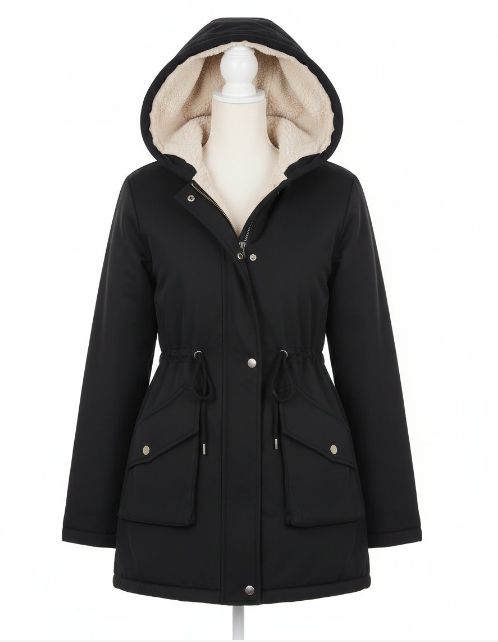 European &amp; American style black parka: Hooded design + utility pockets, casual and sleek silhouette