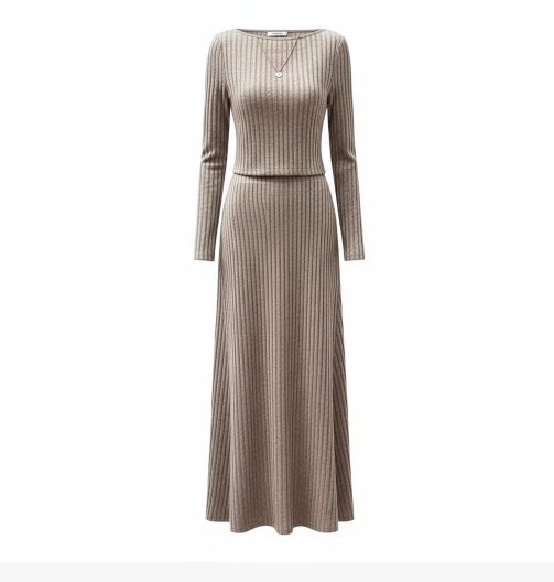 European &amp; American Style Ribbed Knit Two-Piece Set: Long-Sleeve Cropped Top + High-Waisted Maxi Skirt
