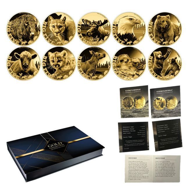 Juego de 10 monedas de oro fino .999 Chad "Big Five of Africa" ​​(con vitrina y certificado de autenticidad)