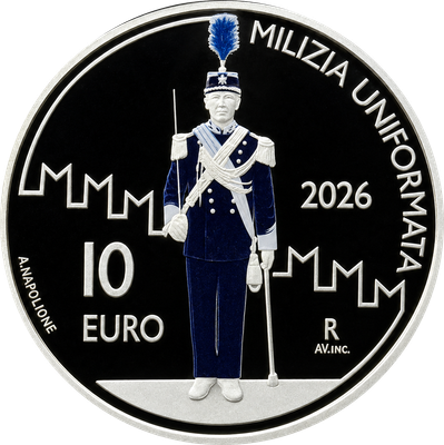 Proof 10 euro San Marino 2026 - Fuerzas militares y policiales de San Marino: Compañía de milicia uniformada Proof 10 euro San Marino 2026 - Fuerzas militares y policiales de San Marino: Compañía de milicia uniformada