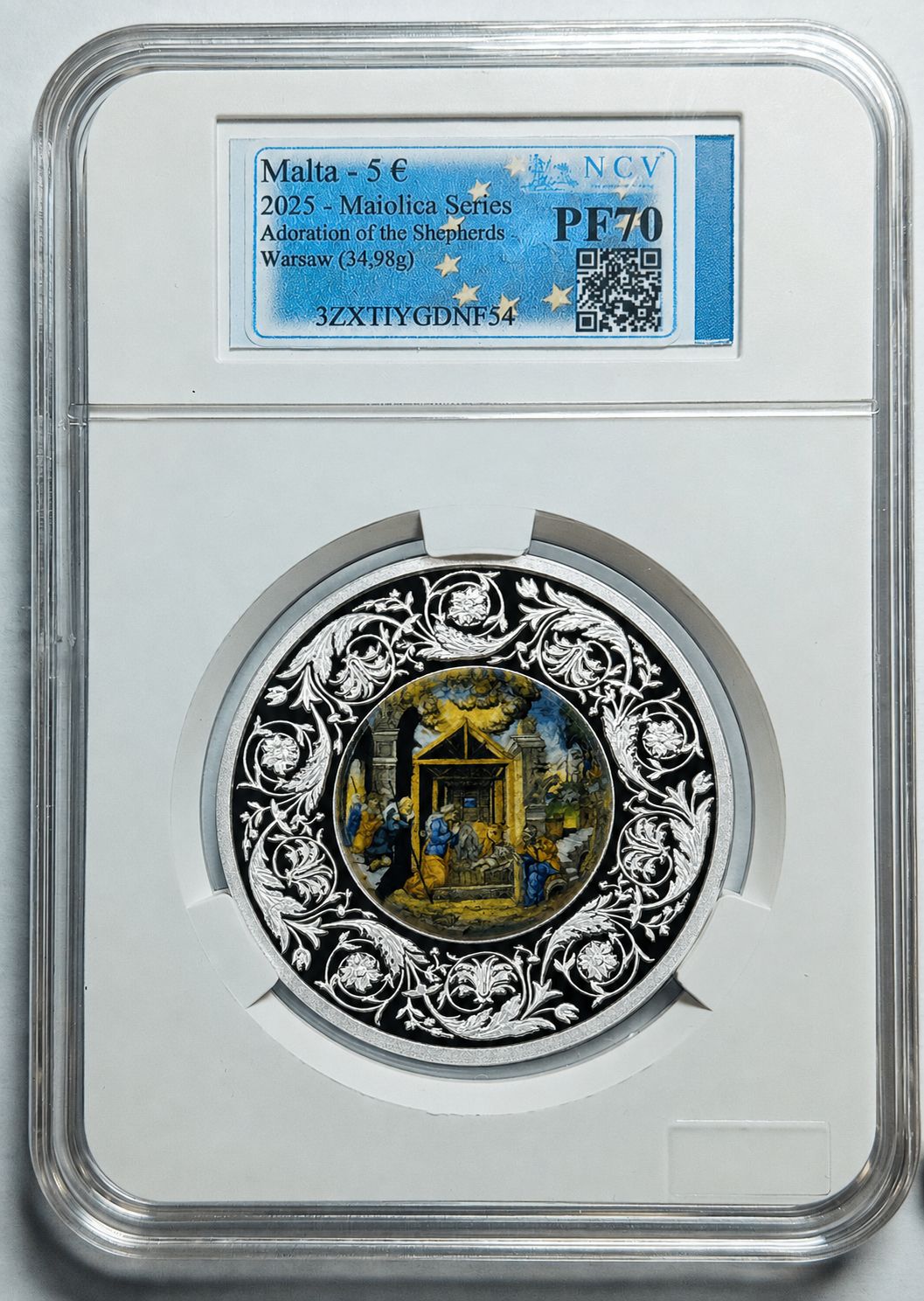Proof 5 euro Malta 2025 - Mayólica 'Adoración de los pastores'