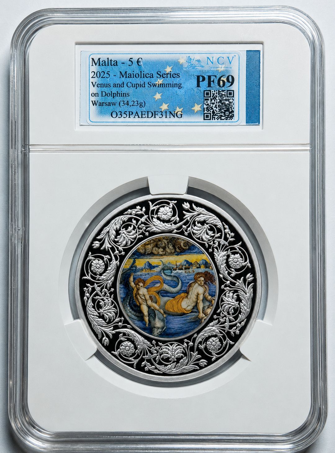 Proof 5 euro Malta 2025 - Mayólica 'Venus y Cupido nadando sobre delfines'