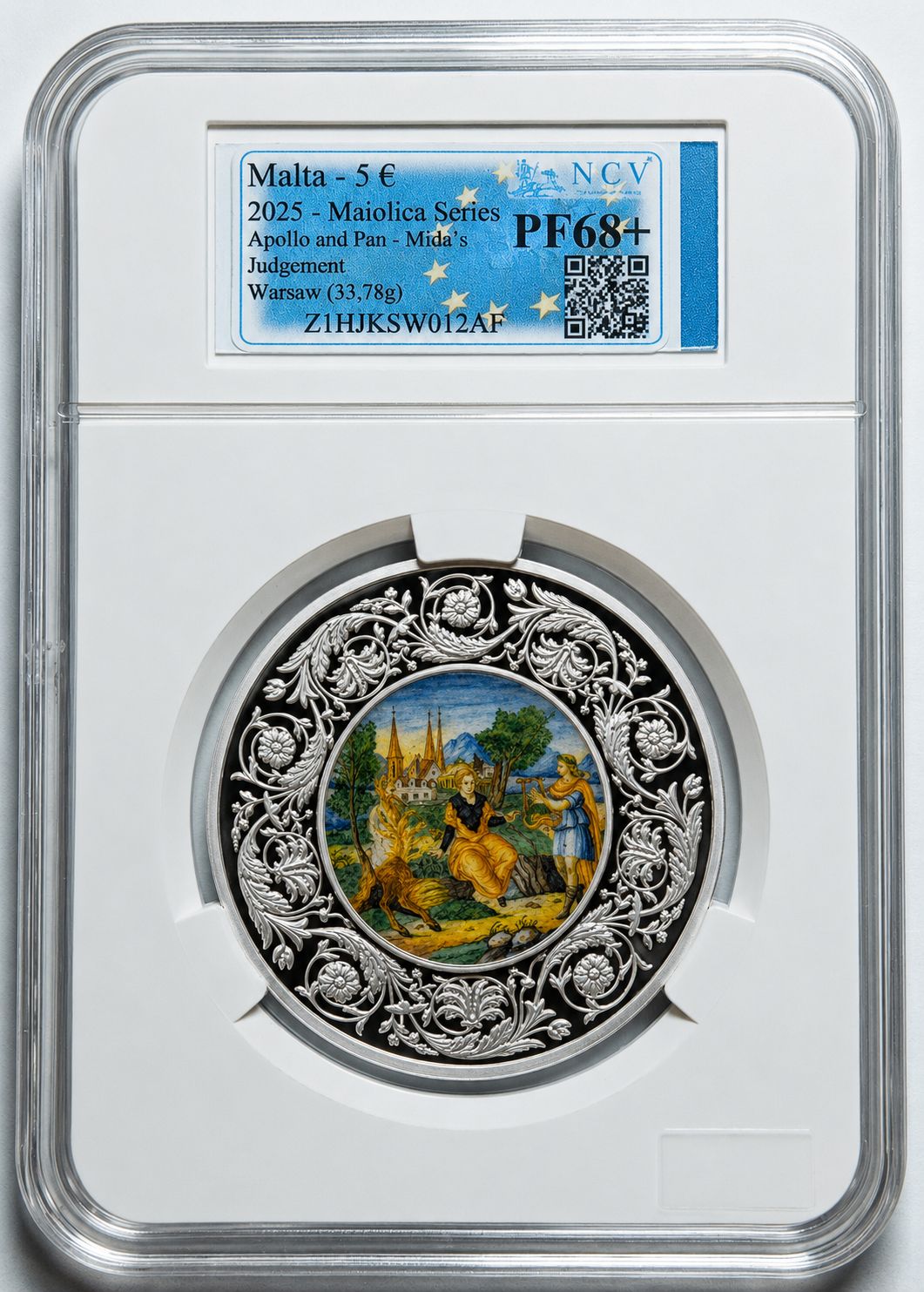 Proof 5 euro Malta 2025 - Mayólica 'Apolo y Pan - El juicio de Midas
