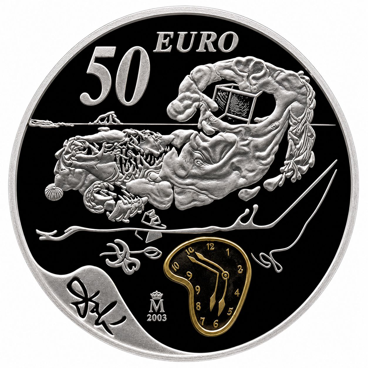Proof 50 euro España 2004 - Salvador Dalí: Figura rinoceróntica del Ilisos de Fidias (en capsula) Proof 50 euro España 2004 - Salvador Dalí: Figura rinoceróntica del Ilisos de Fidias (en capsula)