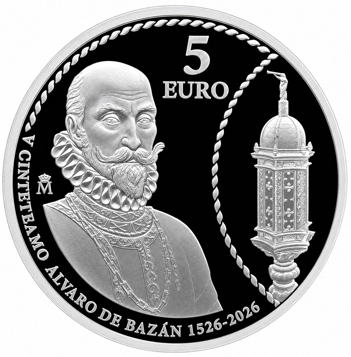 Proof 5 euro España 2026 - V Centenario de Alvaro de Bazan Anverso moneda plata 5 euros España 2026 Alvaro de Bazan proof