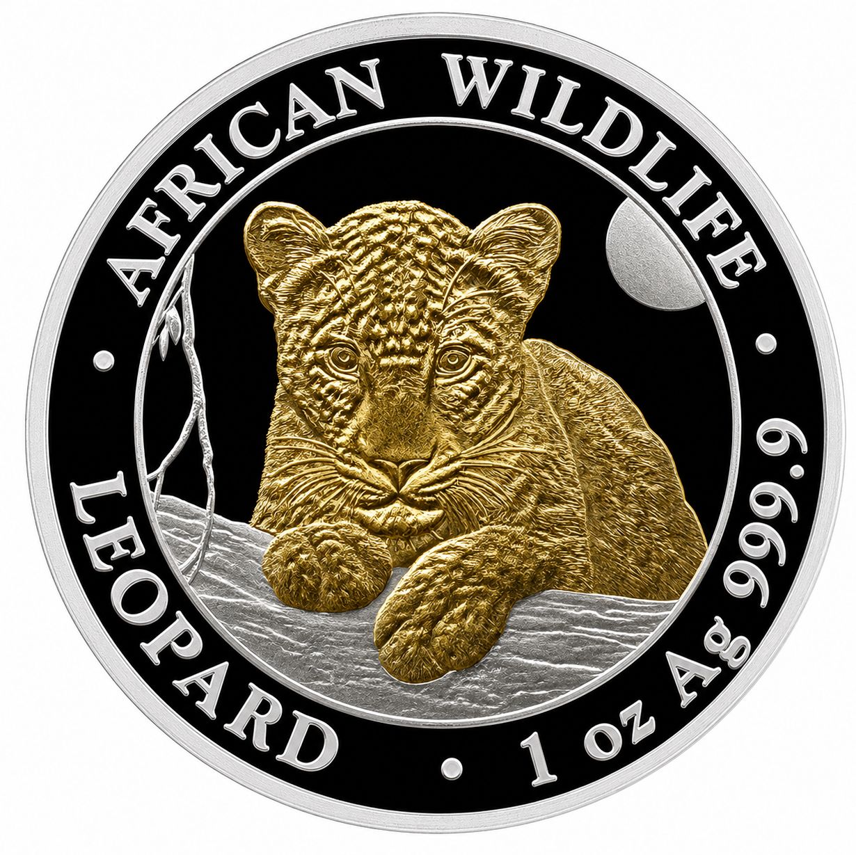 Anverso moneda de plata 1 onza Somalia 2025 leopardo chapado en oro