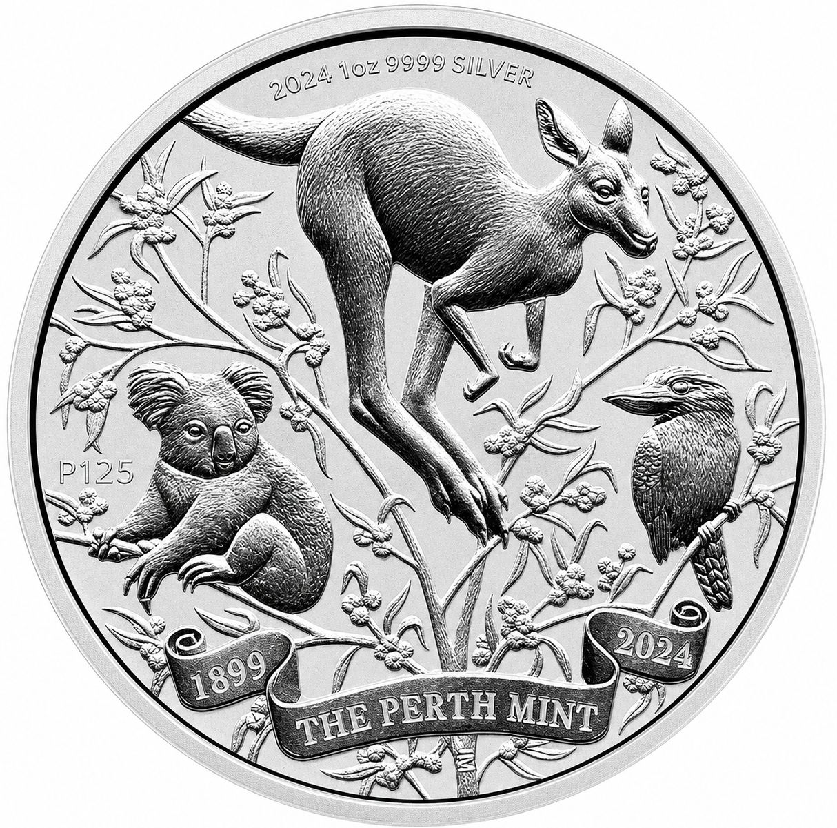 Reverso moneda de plata 1 onza Australia 2024 125.º aniversario de la Perth Mint