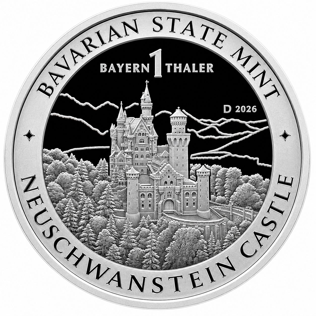 1 onza Bayerisches 2026 - Castillo de Neuschwanstein Reverso moneda de plata 1 onza Bayerisches 2026 Castillo de Neuschwanstein
