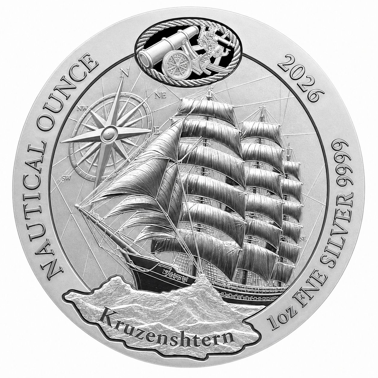 Reverso moneda de plata 1 onza Ruanda 2026 Nautical Kruzenshtern