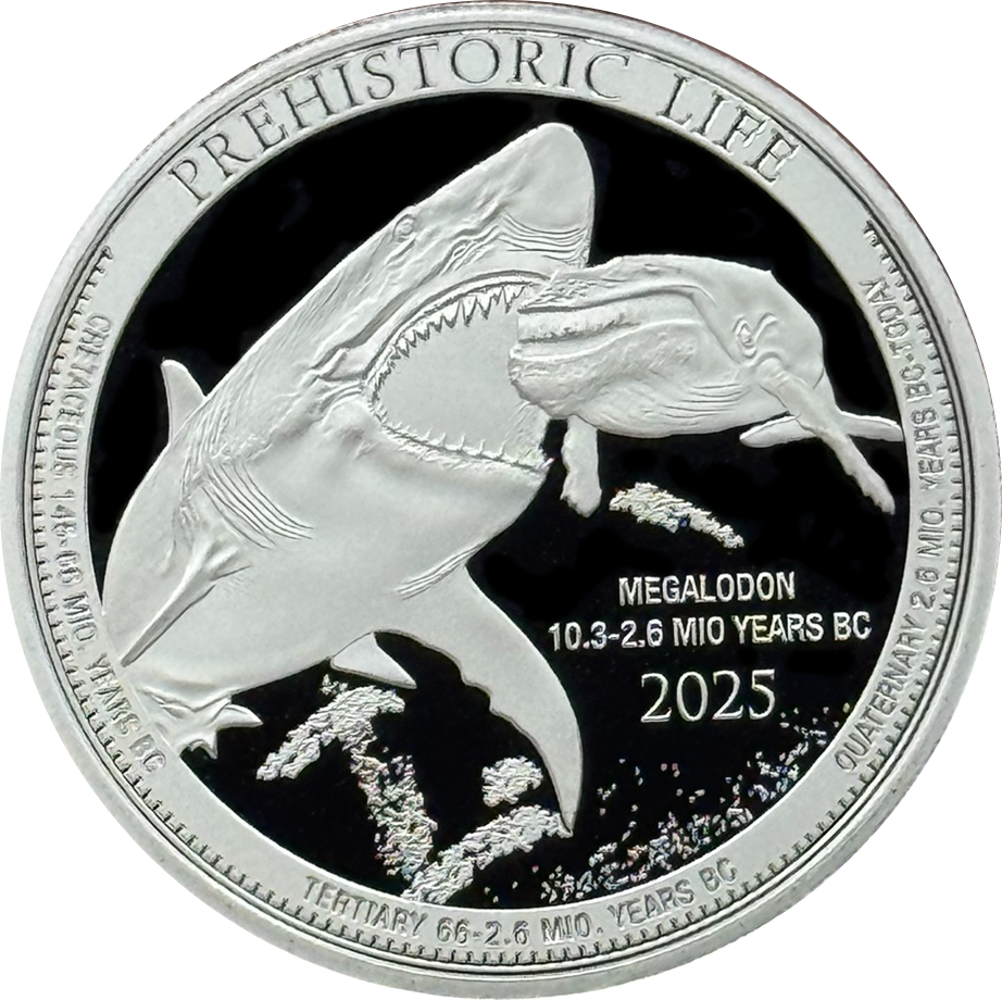 1 onza Congo 2025 - Prehistoric Life II 5.ª edición Megalodon