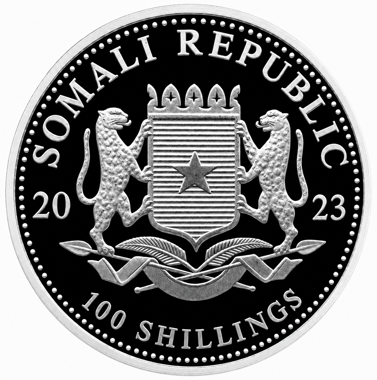 Anverso moneda de plata 1 onza Somalia 2023 Elefante