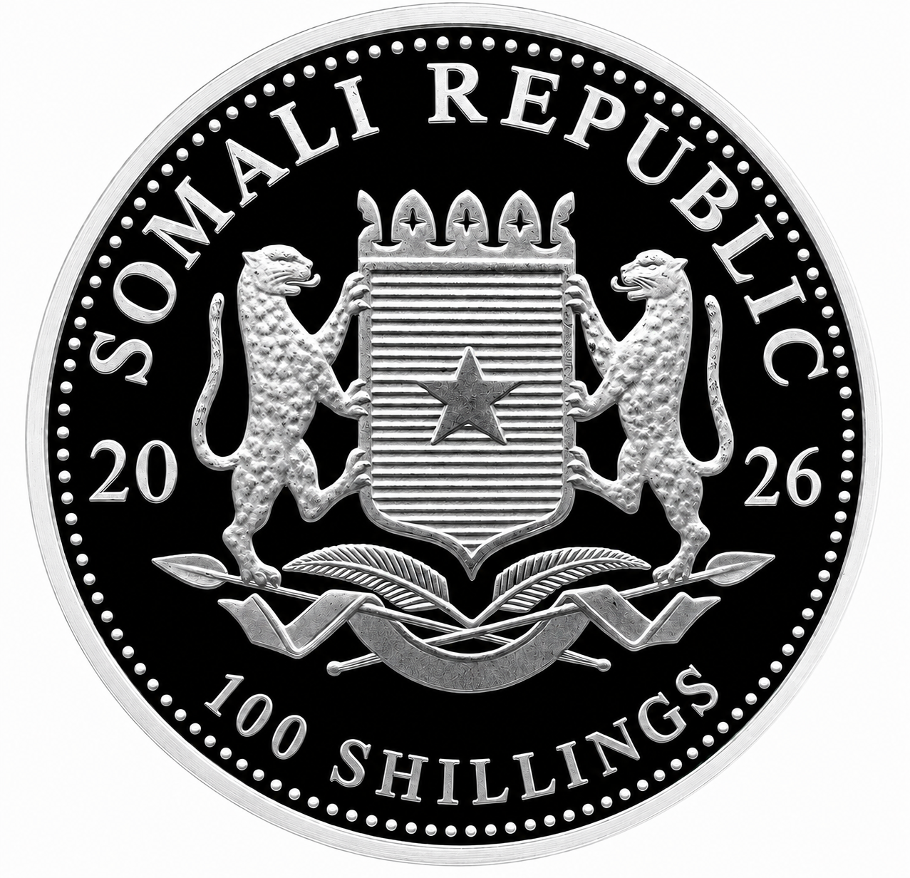 Anverso moneda de plata 1 onza Somalia 2026 Elefante