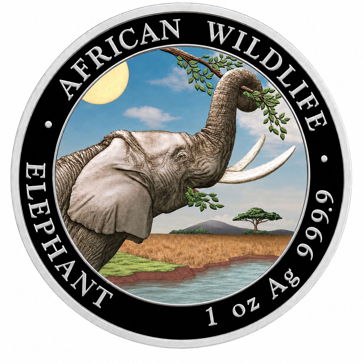 Anverso moneda de plata 1 onza Somalia 2023 Elefante coloreado