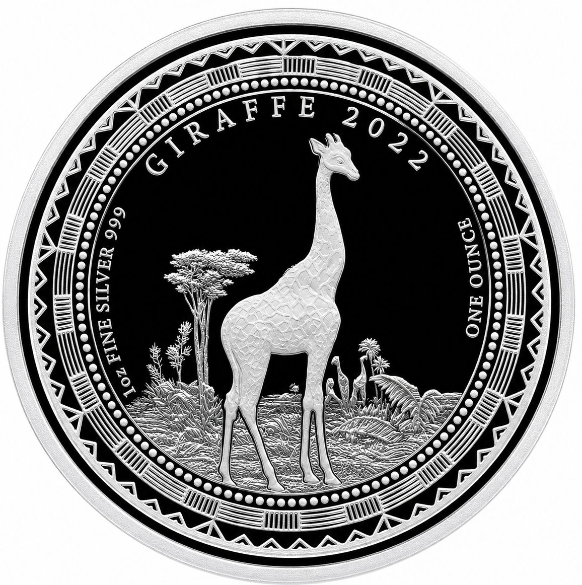 Reverso de moneda de plata 1 onza Guinea Ecuatoria 2022 Jirafa