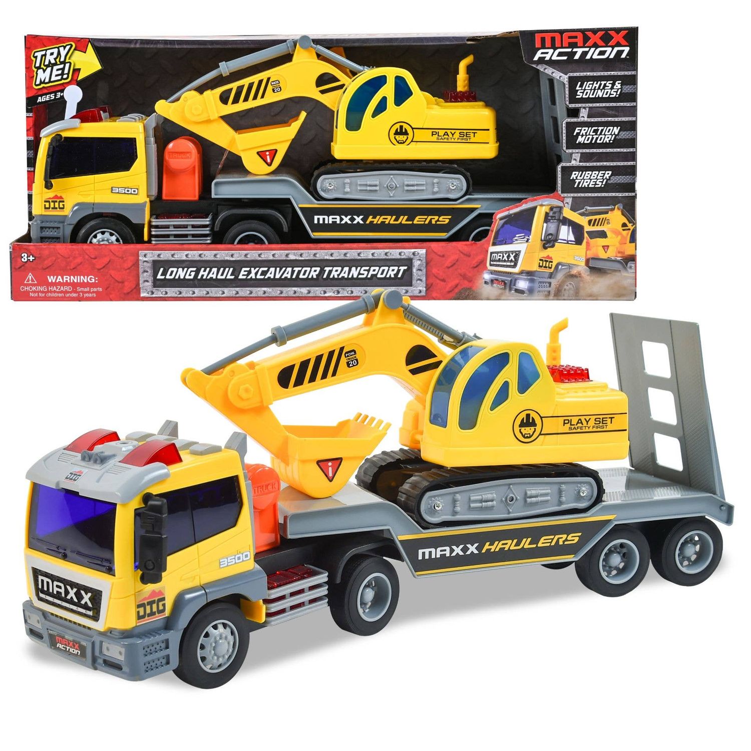 Maxx Action Lights & Sounds Long Hauler w/ Excavator Toy