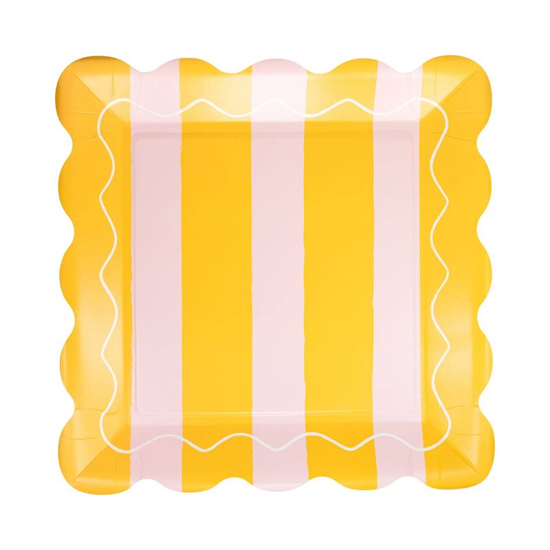 Yellow & Pink Striped Scalloped Square Plate