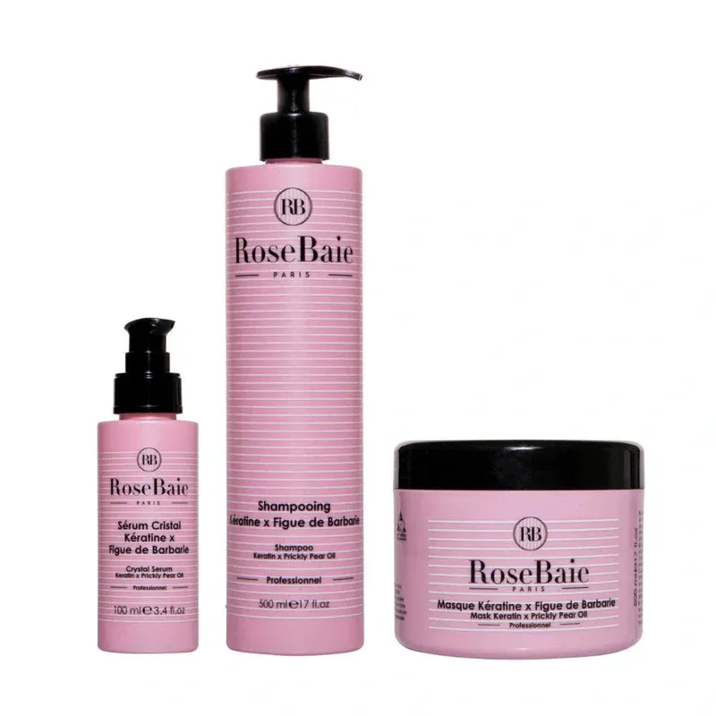 Trio capillaire Figue de Barbarie et Kératine Rosebaie avec shampoing 500ml masque 500ml et sérum 1…