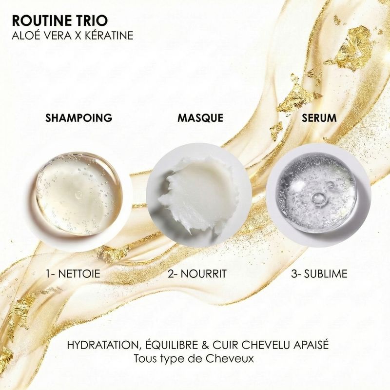 Routine capillaire Trio Aloé Vera x Kératine : Kit complet Shampoing, Masque et Sérum pour hydratat…