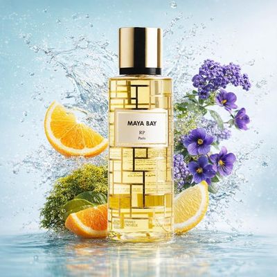 Brume Maya Bay de RP Parfums avec les ingrédients de ses notes : orange, citron, mousse, héliotrope, violette