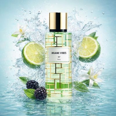 Brume Miami Vibes de RP Parfums avec les ingrédients de ses notes : bergamote, mûre, néroli