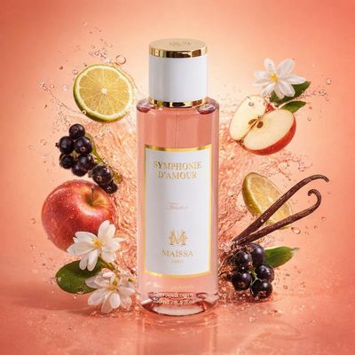 Brume Symphonie d’Amour de Maison Maïssa avec les ingrédients de ses notes : bergamote, pomme, cassis, jasmin, gousses de vanille