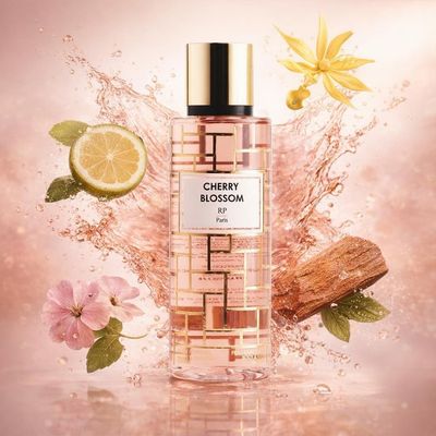 Brume Cherry Blossom de RP Parfums avec les ingrédients de ses notes : bergamote, ylang-ylang, bois de cèdre, géranium