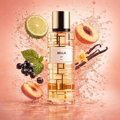 Brume Bella de RP Parfums avec les ingrédients de ses notes : bergamote, pêche, cassis, patchouli, gousses de vanille