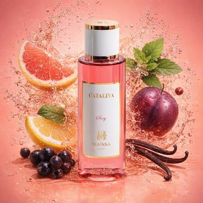 Brume Cataliya de Maison Maïssa avec les ingrédients de ses notes : citron, pamplemousse, cassis, prune, patchouli, gousses de vanille