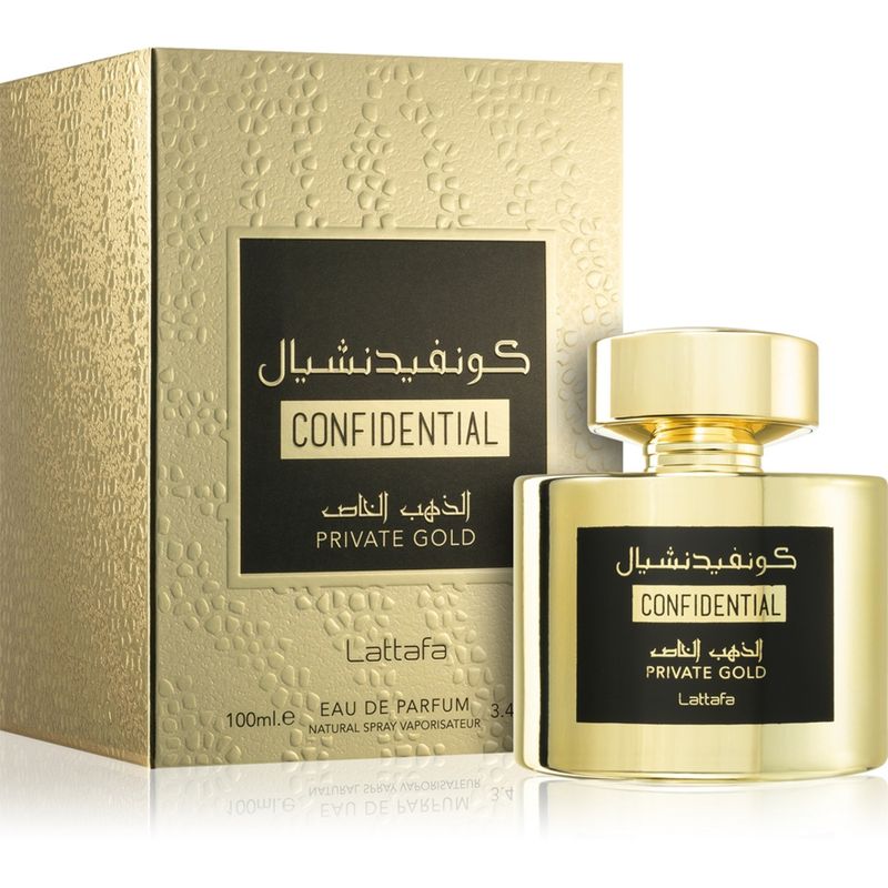 Confidential Private Gold de Lattafa 100 ml : flacon doré et son coffret