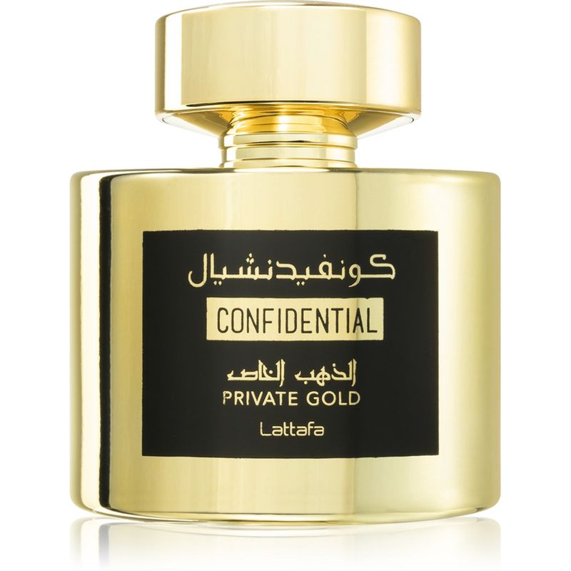Flacon Confidential Private Gold de Lattafa, eau de parfum 100 ml doré