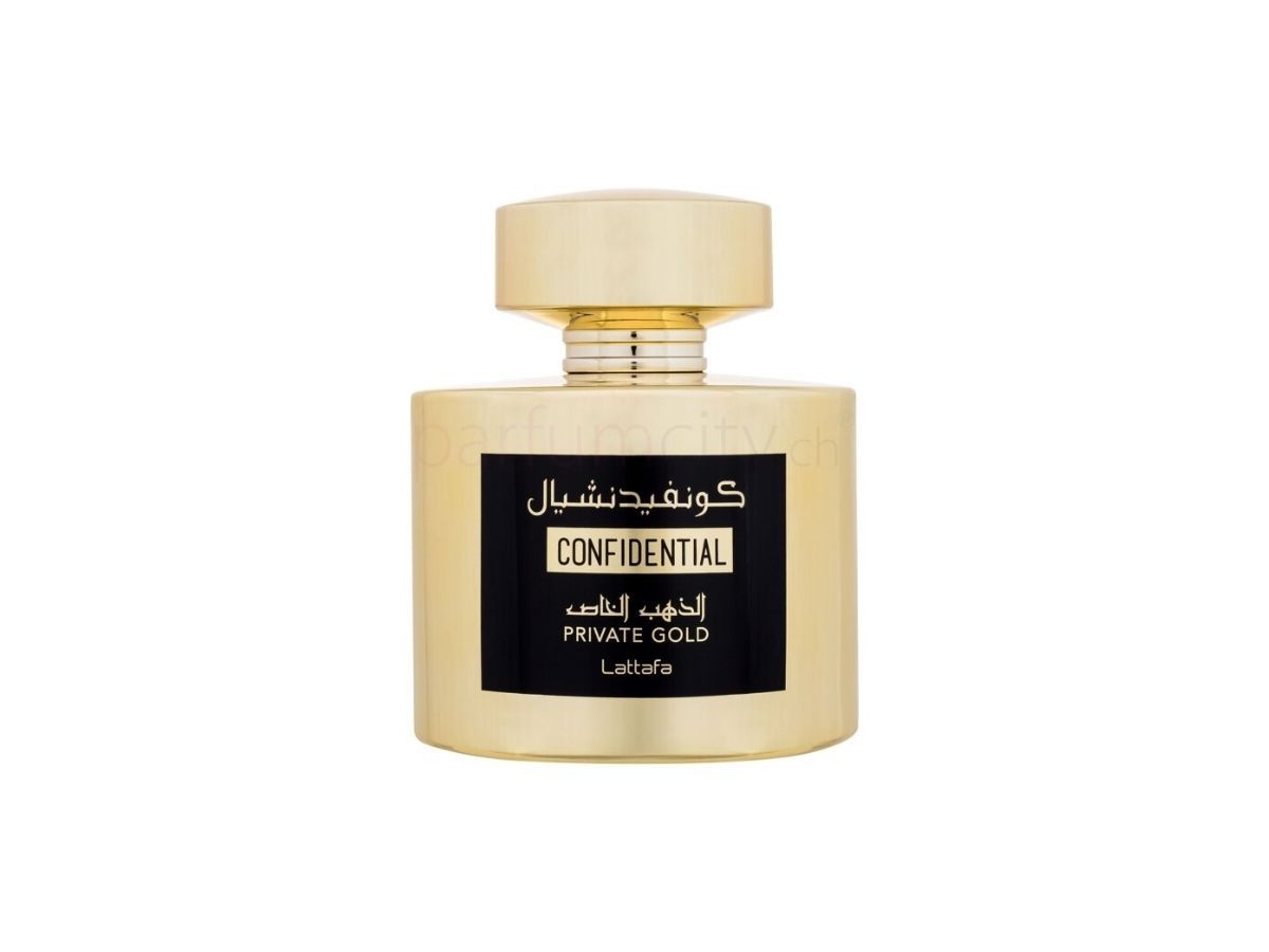 Confidential Private Gold – Lattafa 100 ml Flacon Confidential Private Gold de Lattafa, eau de parfum 100 ml doré