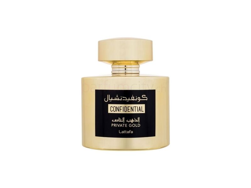 Confidential Private Gold – Lattafa 100 ml Flacon Confidential Private Gold de Lattafa, eau de parfum 100 ml doré