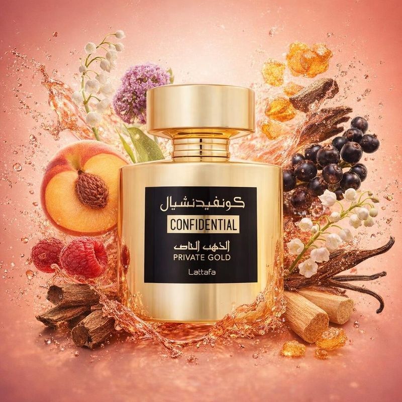 Confidential Private Gold de Lattafa avec les ingrédients de ses notes : pêche, framboise, muguet, héliotrope, cassis, bois d’oud, résine d’ambre doré, bois de santal, gousses de vanille