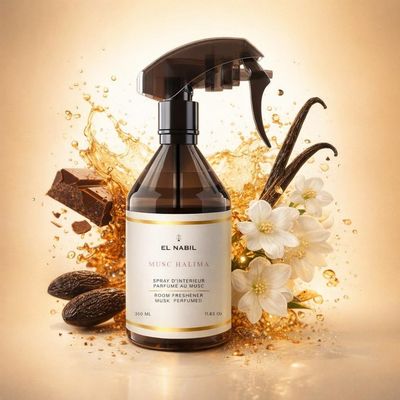 Parfum d’intérieur Musc Halima d’El Nabil avec les ingrédients de ses notes : chocolat, gousses de vanille, fleurs blanches, fèves tonka