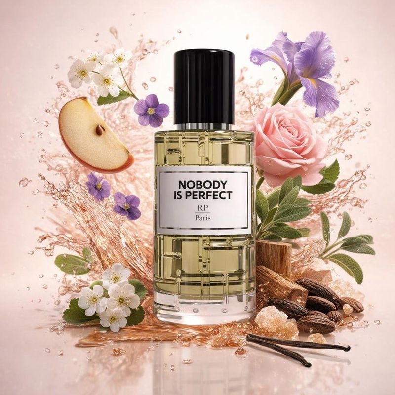 Nobody Is Perfect de RP Parfums avec les ingrédients de ses notes : pomme, violette, aubépine, iris, rose, sauge, santal, cèdre, fèves tonka, coumarine, vanilline