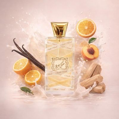 Musk Mood de Lattafa avec les ingrédients de ses notes : agrumes, fruits, gousses de vanille, bois de santal