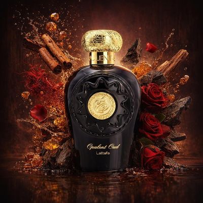 Opulent Oud de Lattafa entouré de cannelle, de safran, de roses, de bois d’oud, de cèdre et d’ambre